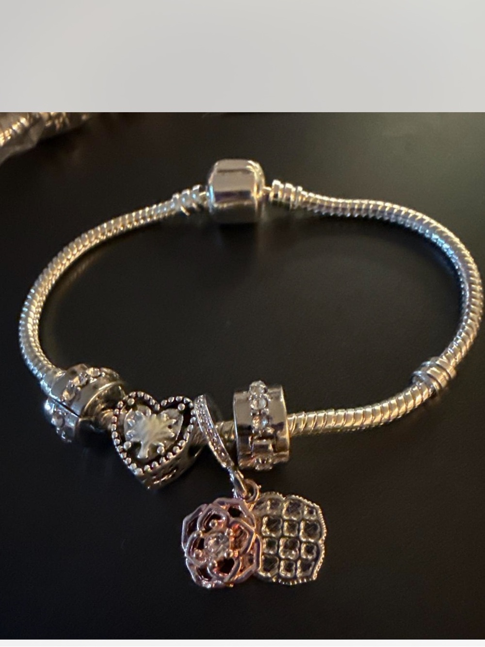 #9 Silver-Tone Floral Heart Charm Bracelet 🌸🤍